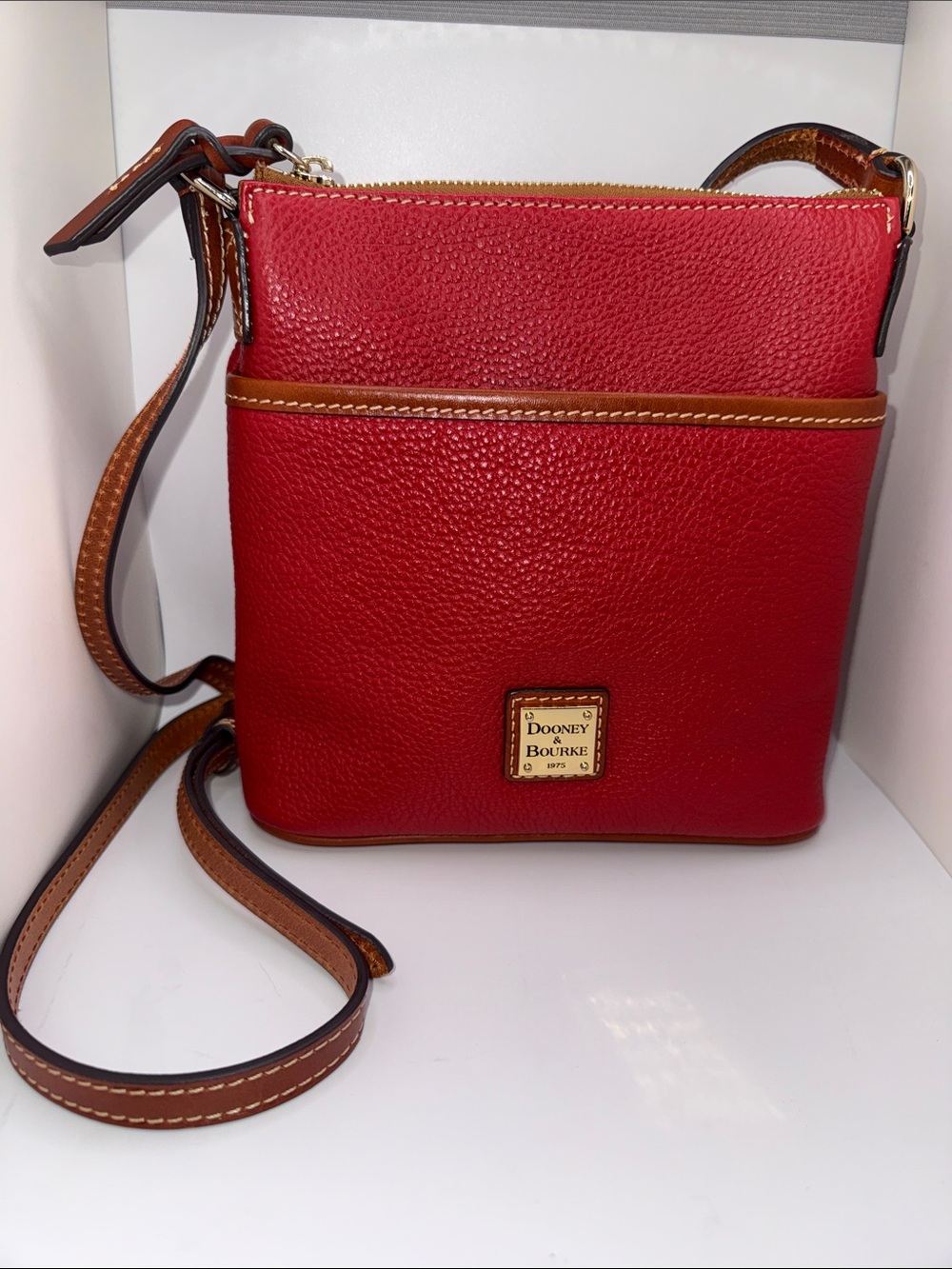 Dooney & Bourke Red Pebbled Leather Letter Carrier Crossbody Handbag